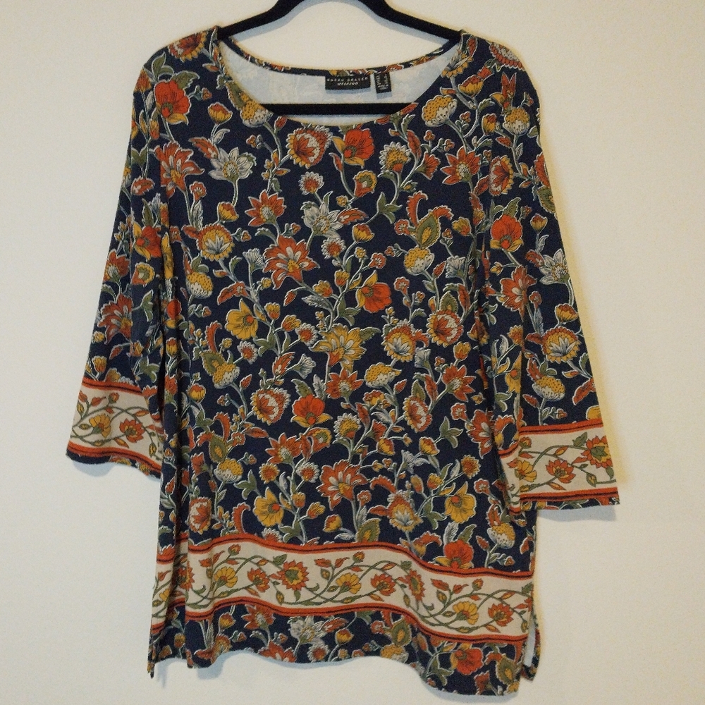 Susan Graver Weekend Multicolor  Floral 3/4 Sleeve Tunic Top